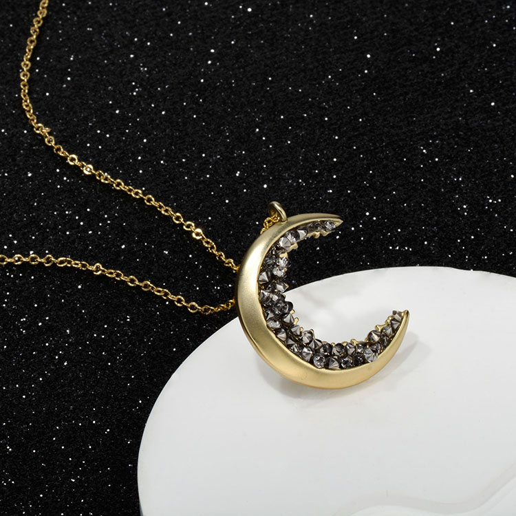 Gold Plated Black Crystal Crescent Moon Charm Necklace Collar De Luna Encrusted Jewelry Moon Pendant Necklace For Mother's Day 