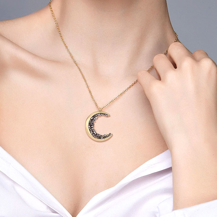 Gold Plated Black Crystal Crescent Moon Charm Necklace Collar De Luna Encrusted Jewelry Moon Pendant Necklace For Mother's Day 