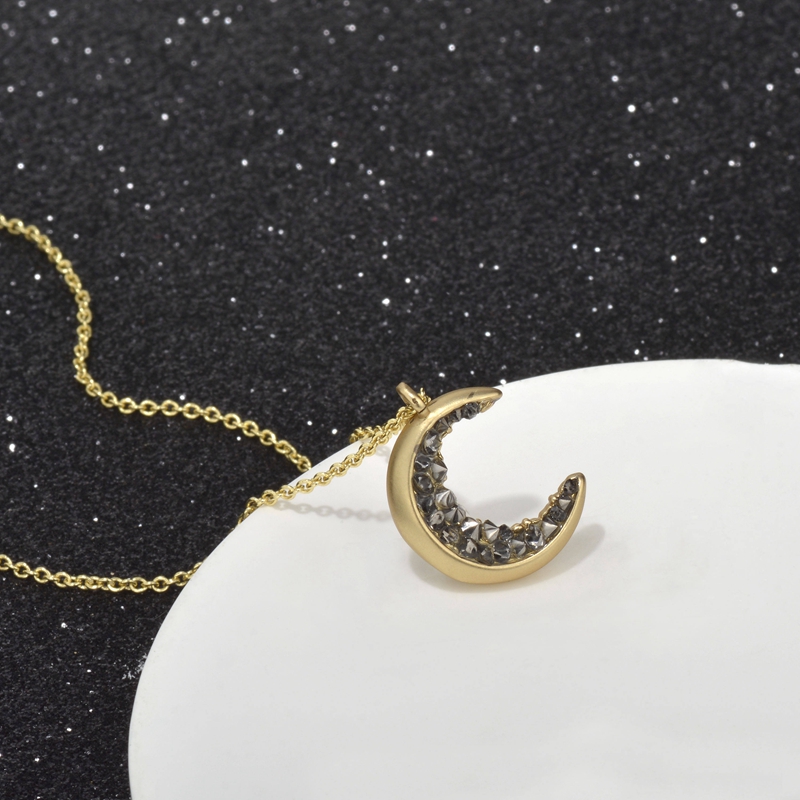 Gold Plated Black Crystal Crescent Moon Charm Necklace Collar De Luna Encrusted Jewelry Moon Pendant Necklace For Mother's Day 