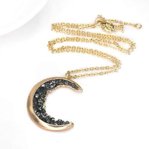Gold Plated Black Crystal Crescent Moon Charm Necklace Collar De Luna Encrusted Jewelry Moon Pendant Necklace For Mother's Day 
