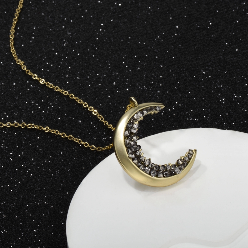 Gold Plated Black Crystal Crescent Moon Charm Necklace Collar De Luna Encrusted Jewelry Moon Pendant Necklace For Mother's Day 