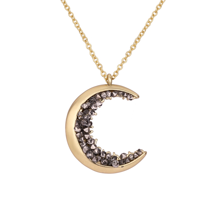 Gold Plated Black Crystal Crescent Moon Charm Necklace Collar De Luna Encrusted Jewelry Moon Pendant Necklace For Mother's Day 