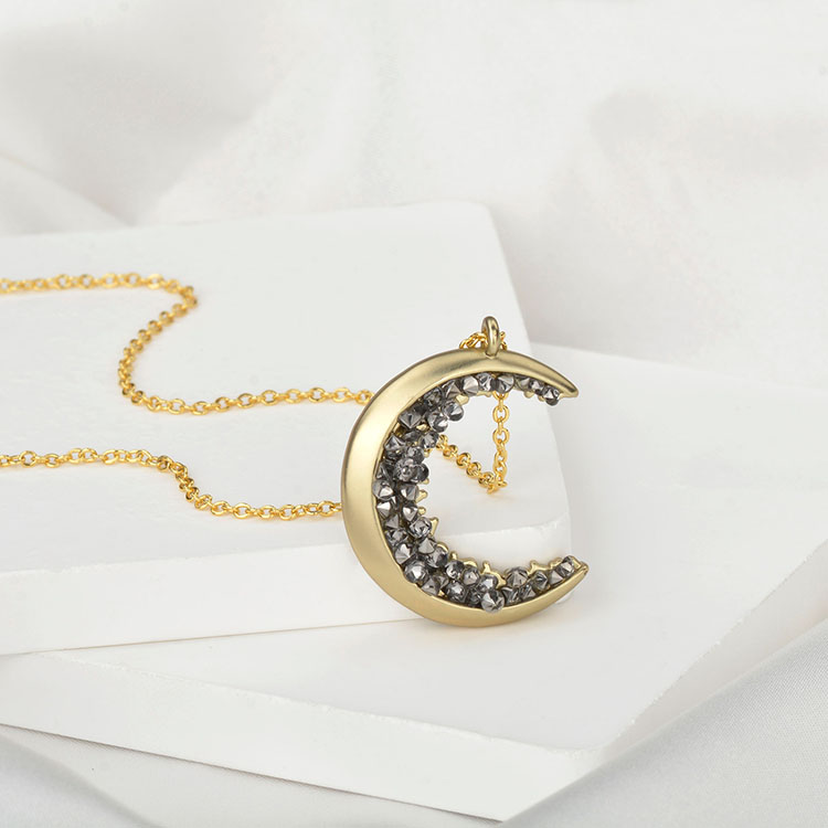 Gold Plated Black Crystal Crescent Moon Charm Necklace Collar De Luna Encrusted Jewelry Moon Pendant Necklace For Mother's Day 