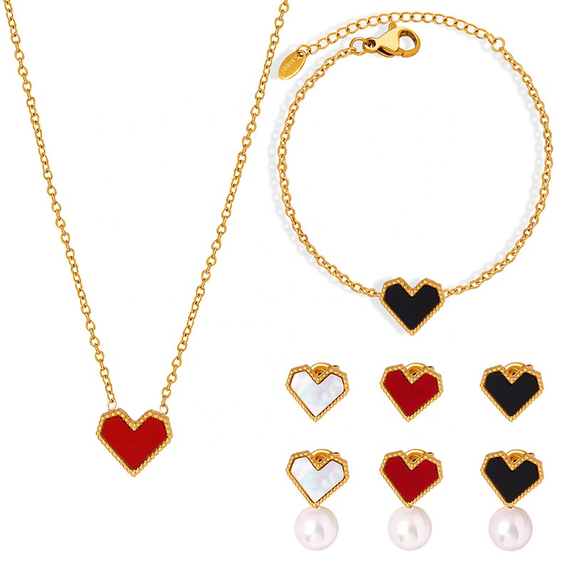 Hot Sale Gold Plated Stainless Steel Colorful Glass Heart Pendant Necklace Bracelet Earring Set Pearl Jewelry Set For Women 