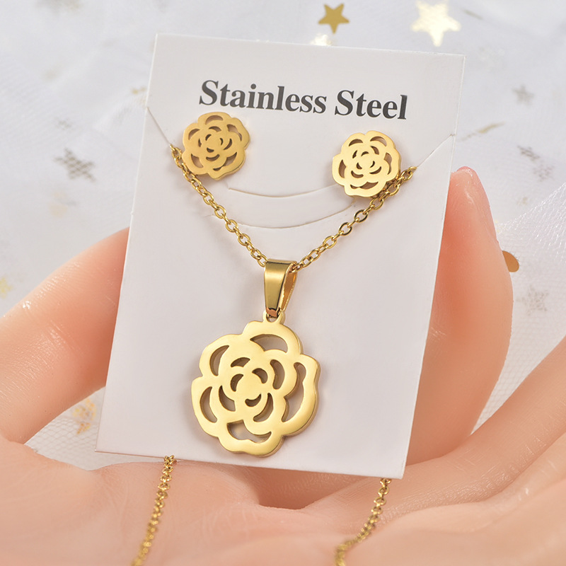 Jewelry Fashion Necklaces For Women Stainless Steel Necklace Earrings Two-piece Set 