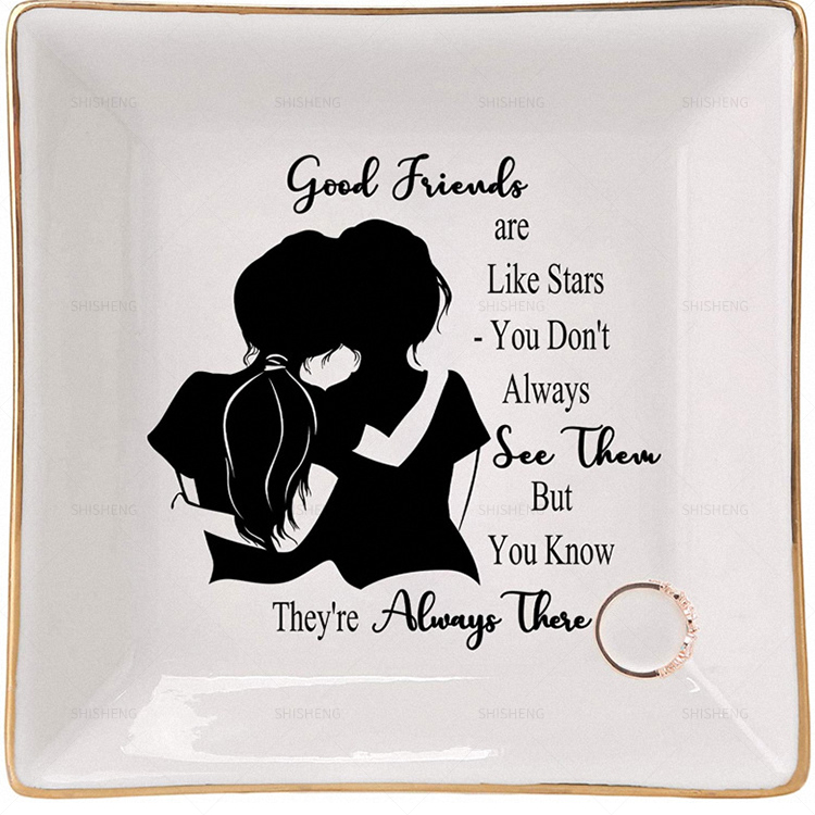 Shi Sheng Factory Direct Trinket Dish Square Ceramic Ring Dish With Golden Trim Jewelry Dish Gifts For Mother's Day 