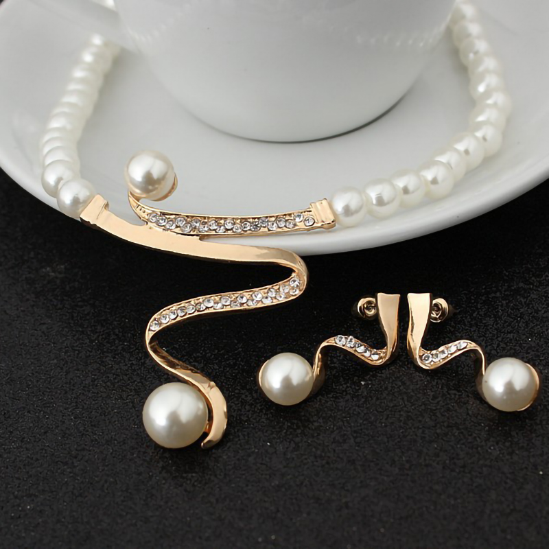 Risingmoon Ensemble De Bijoux Vintage Pearl Wedding Bridal Crystal Necklace Earrings Bridal Jewelry Set 