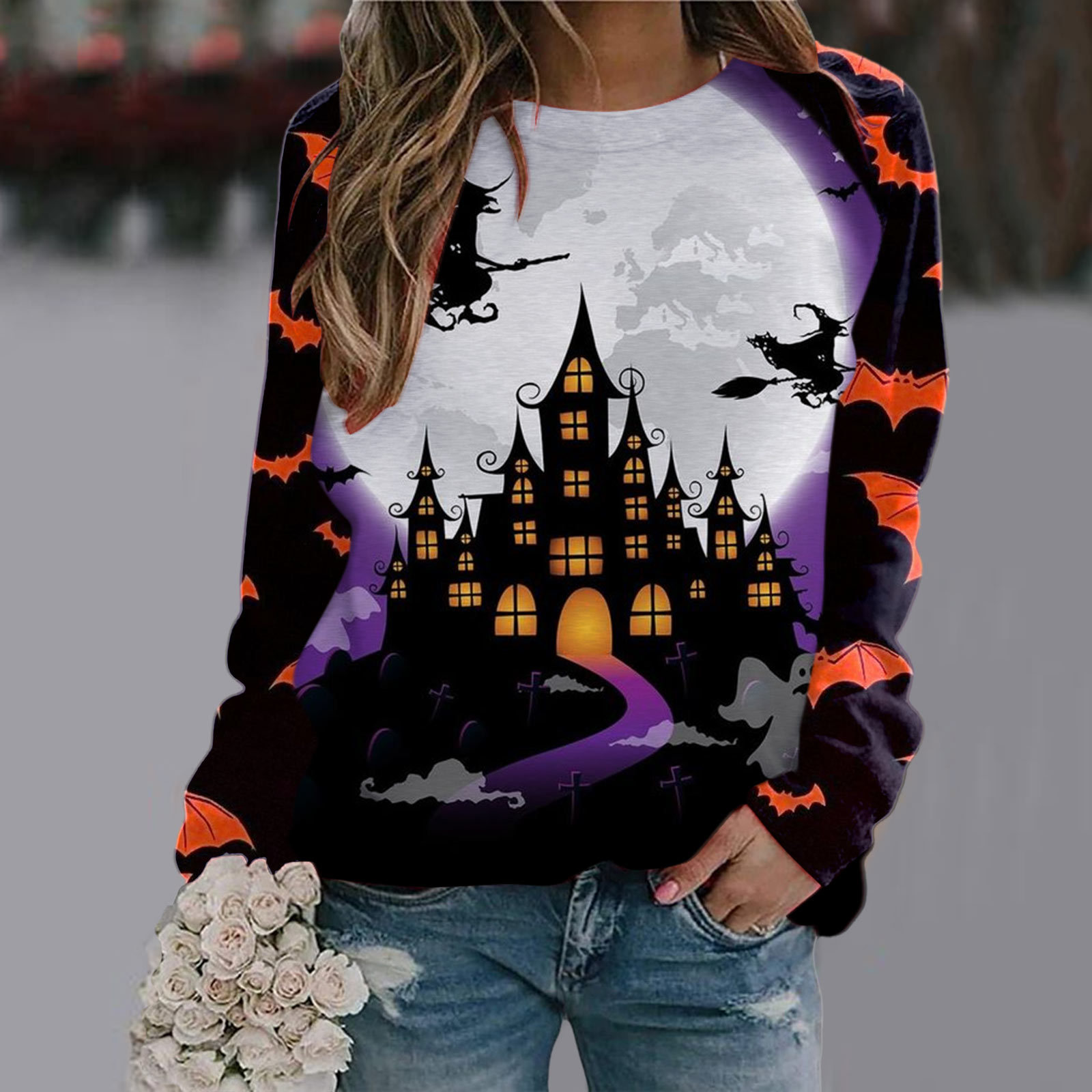 Halloween T Shirt Women Fashion T-shirt Long Sleeve Tops Tees Halloween Tshirt Women's Clothing Horror Tshirt Pumpkin