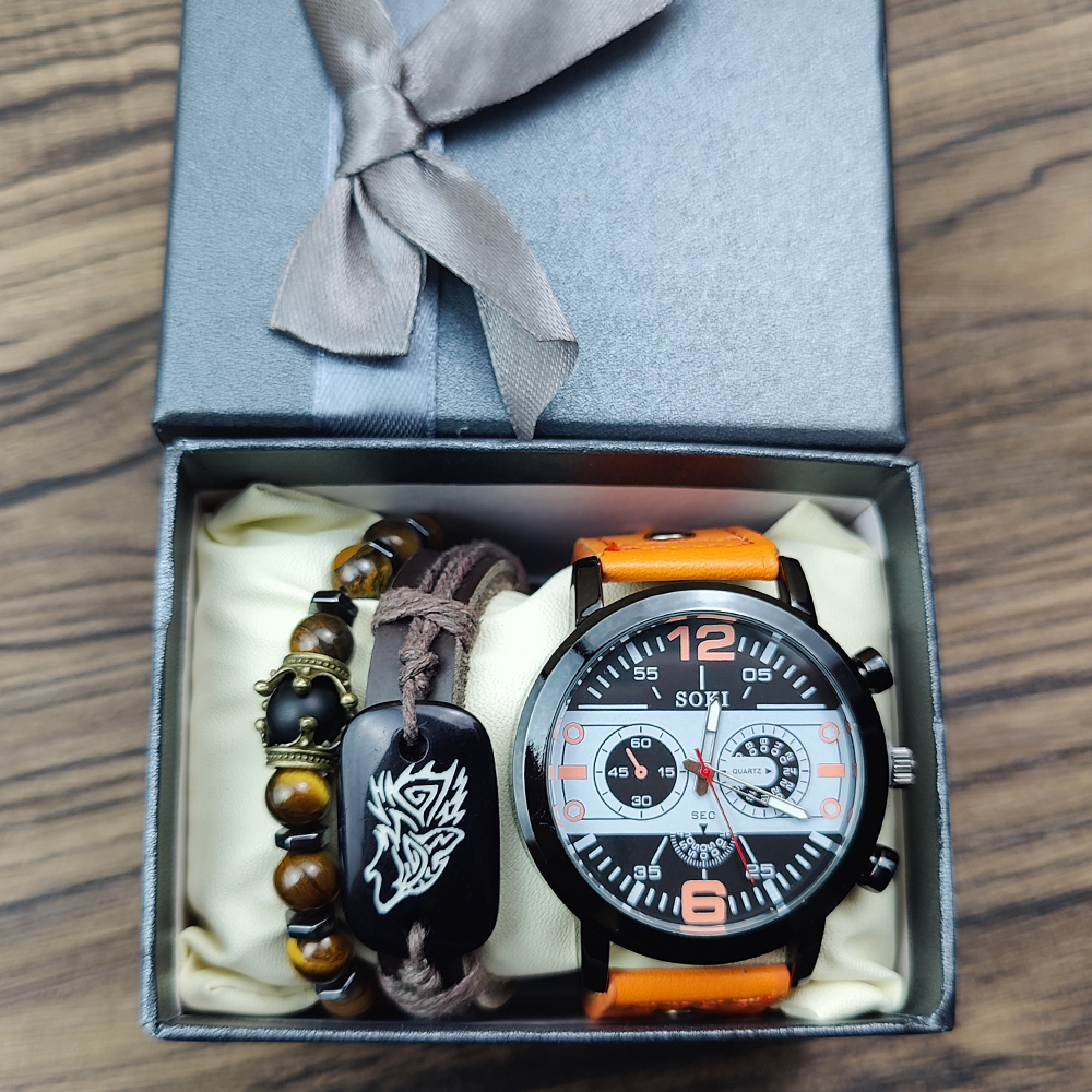 Wrist Watch With Bracelet Set Men Quartz Watches For Men Leather Strap Luxury Watch Bracelet Gift Set Reloj Hombre Jewelry Sets 