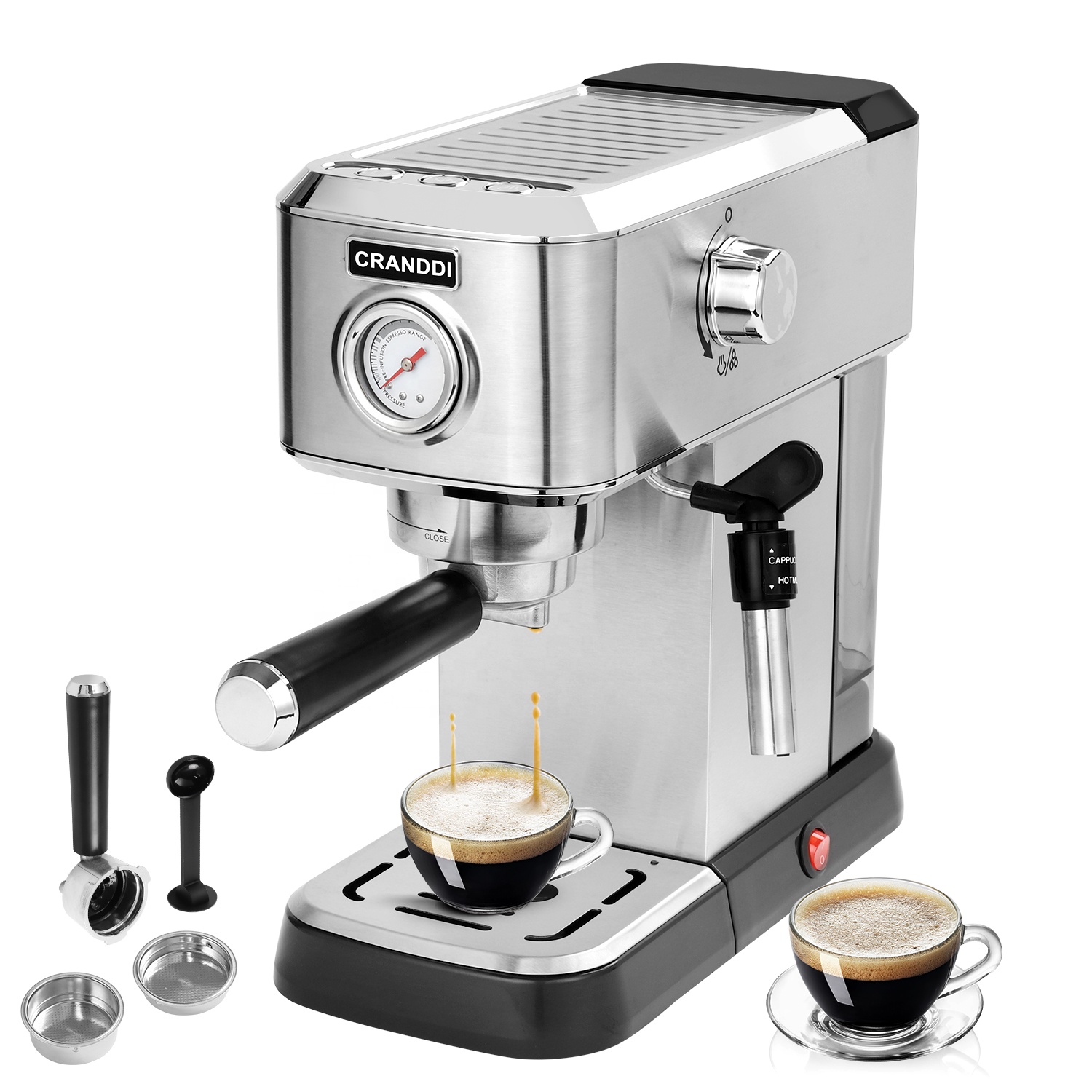 Cranddi Coffee Machine Espresso With Pressure Meter Home Business Stainless Steel Machine 
