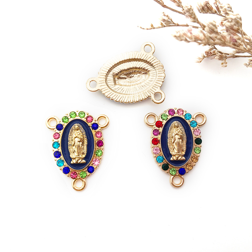 Inlay Rhinestones Our Lady Link Miraculous Medal Charms Alloy Enamel Virgin Mary Charms For Diy Necklace Earrings Jewelry Making 