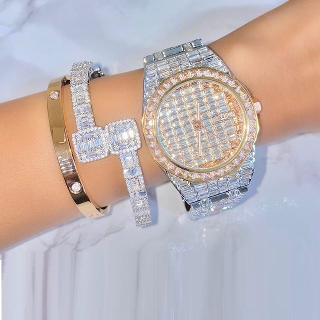 Iced Out Bling Women Bangle Ring Jewelry Set 5a Cubic Zirconia Geometric Square Cz Cluster Design Geometric Fashion Jewelry 