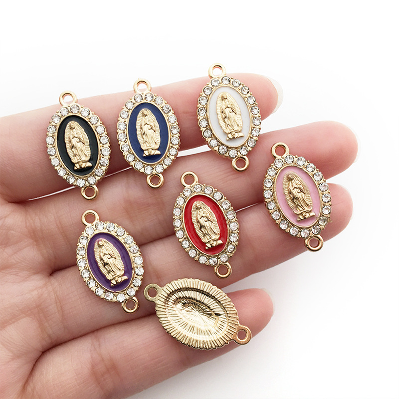 Inlay Rhinestones Our Lady Link Miraculous Medal Charms Alloy Enamel Virgin Mary Charms For Diy Necklace Earrings Jewelry Making 
