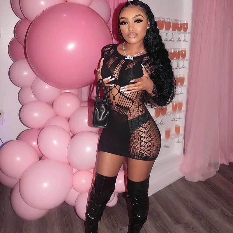 Summer Fashion Sexy Mesh See Through Mini Short Dress Long Sleeves Bodycon Party Dresses For Women
