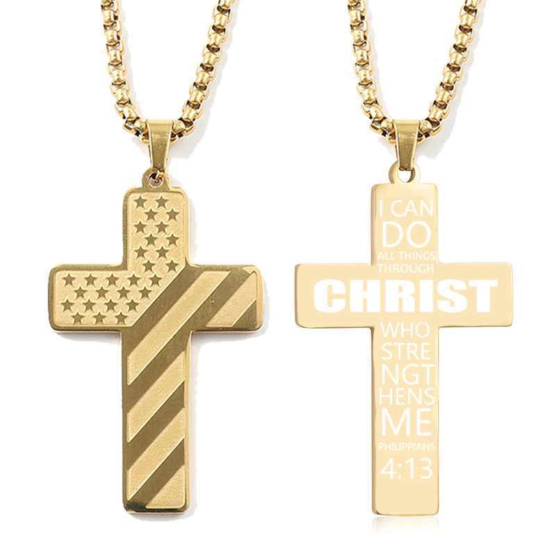 Fashion Jewelry Cross Necklace Bible Verse Stainless Steel American Flag Pendant Chain For Boys Men 