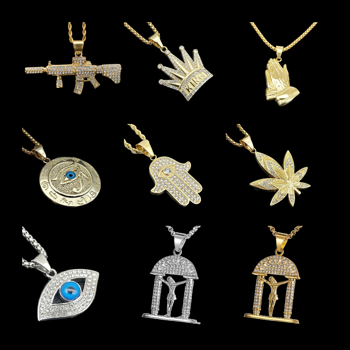 Wholesale Fashion Stainless Steel Pendant Jewelry Crystal Rhinestone Necklace Devil's Eye Pendant Hiphop For Men 