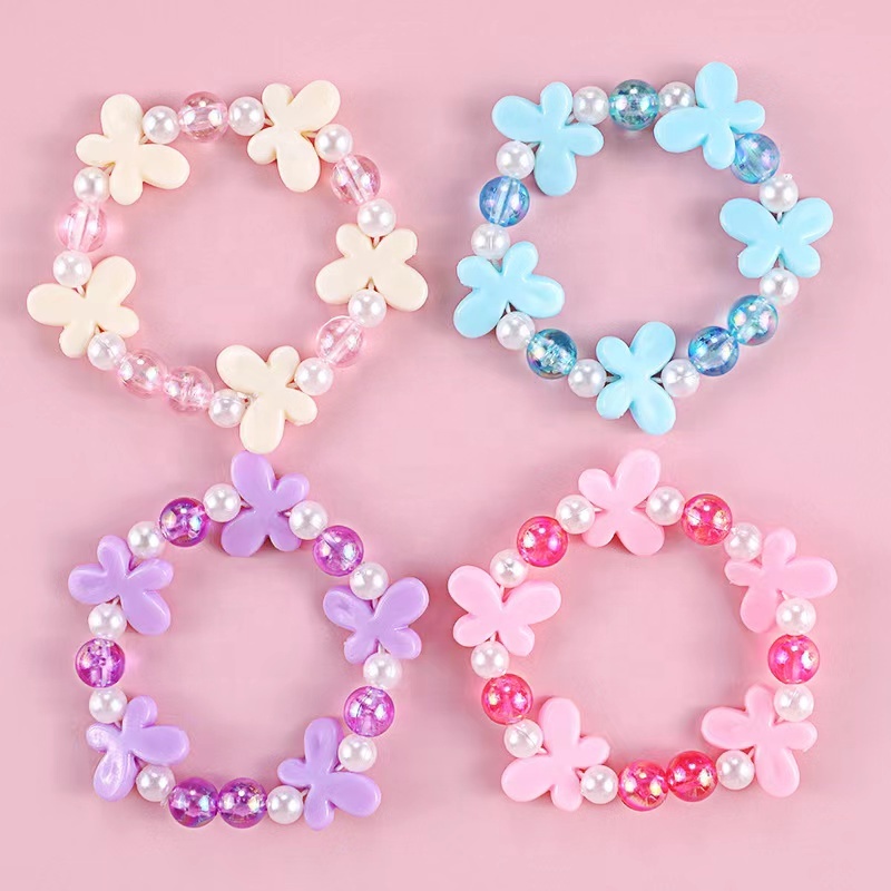 Factory Wholesale Fashion Cute Children's Jewelry Princess Pearl Beads Bracelet With Flowers 15cm Pink Baby Girl Bracelet 
