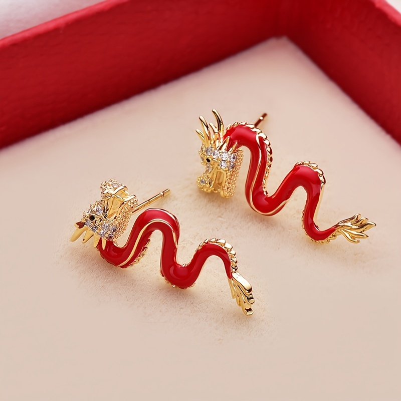 2024 Chinese Products Unique Red Dragon Design Stud Copper Jewelry Embellished Rhinestones Elegant Punk New Year Gift Earrings 
