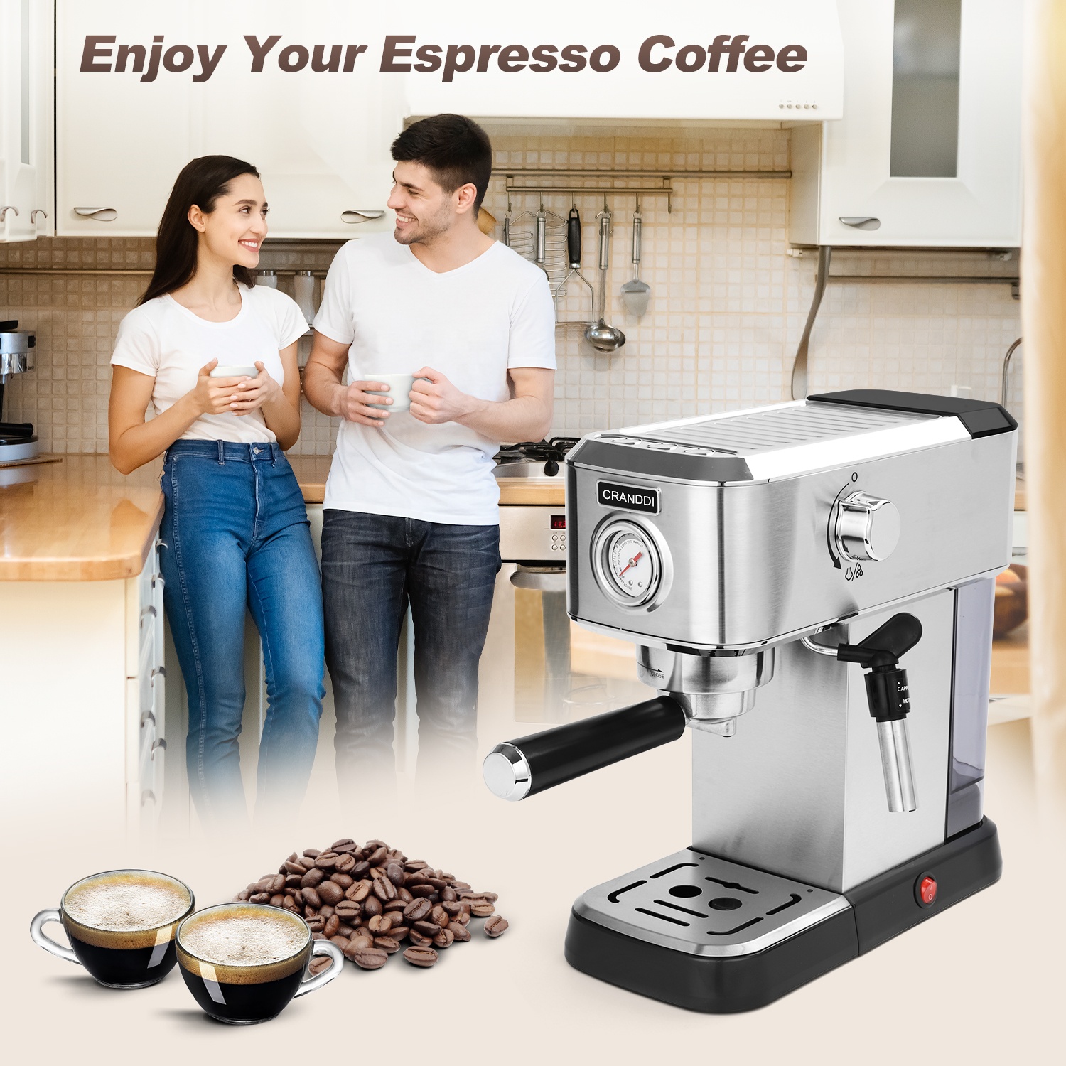 Cranddi Coffee Machine Espresso With Pressure Meter Home Business Stainless Steel Machine 
