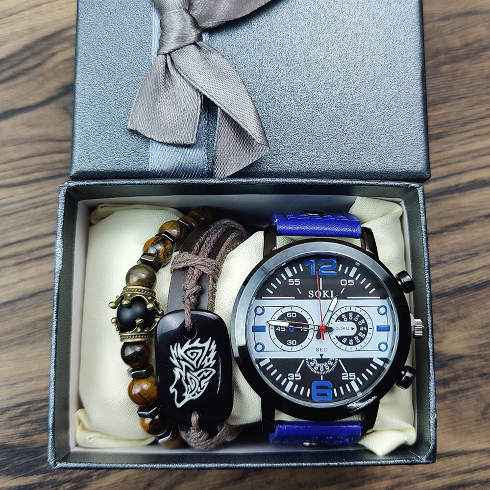 Wrist Watch With Bracelet Set Men Quartz Watches For Men Leather Strap Luxury Watch Bracelet Gift Set Reloj Hombre Jewelry Sets 