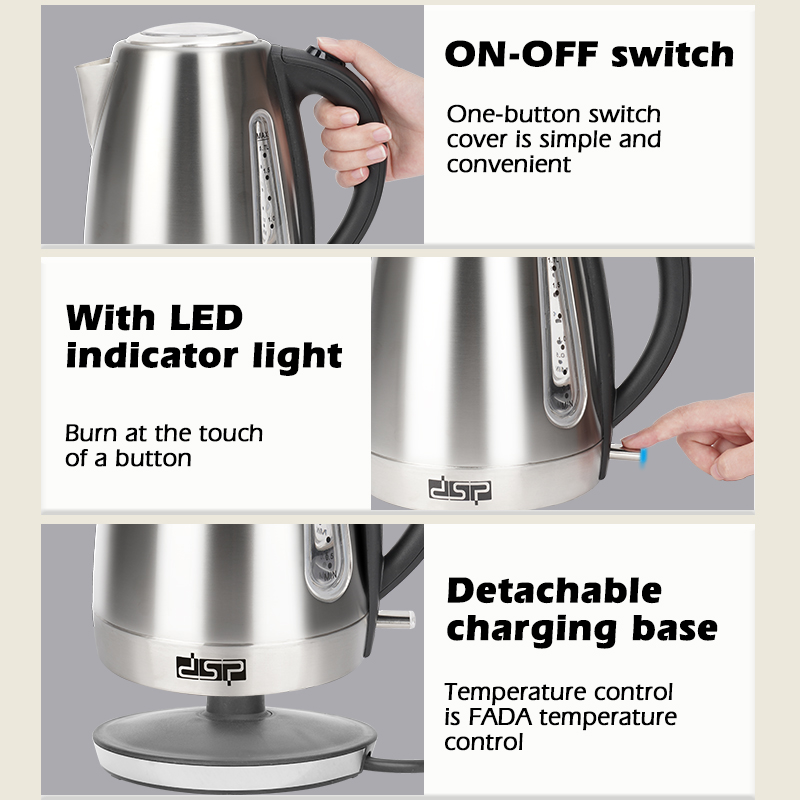 Dsp Kitchen Electric Appliances Stainless Steel 1.7l Cordless Water Kettle Home Hotel Overheating Protection Electric Kettle 