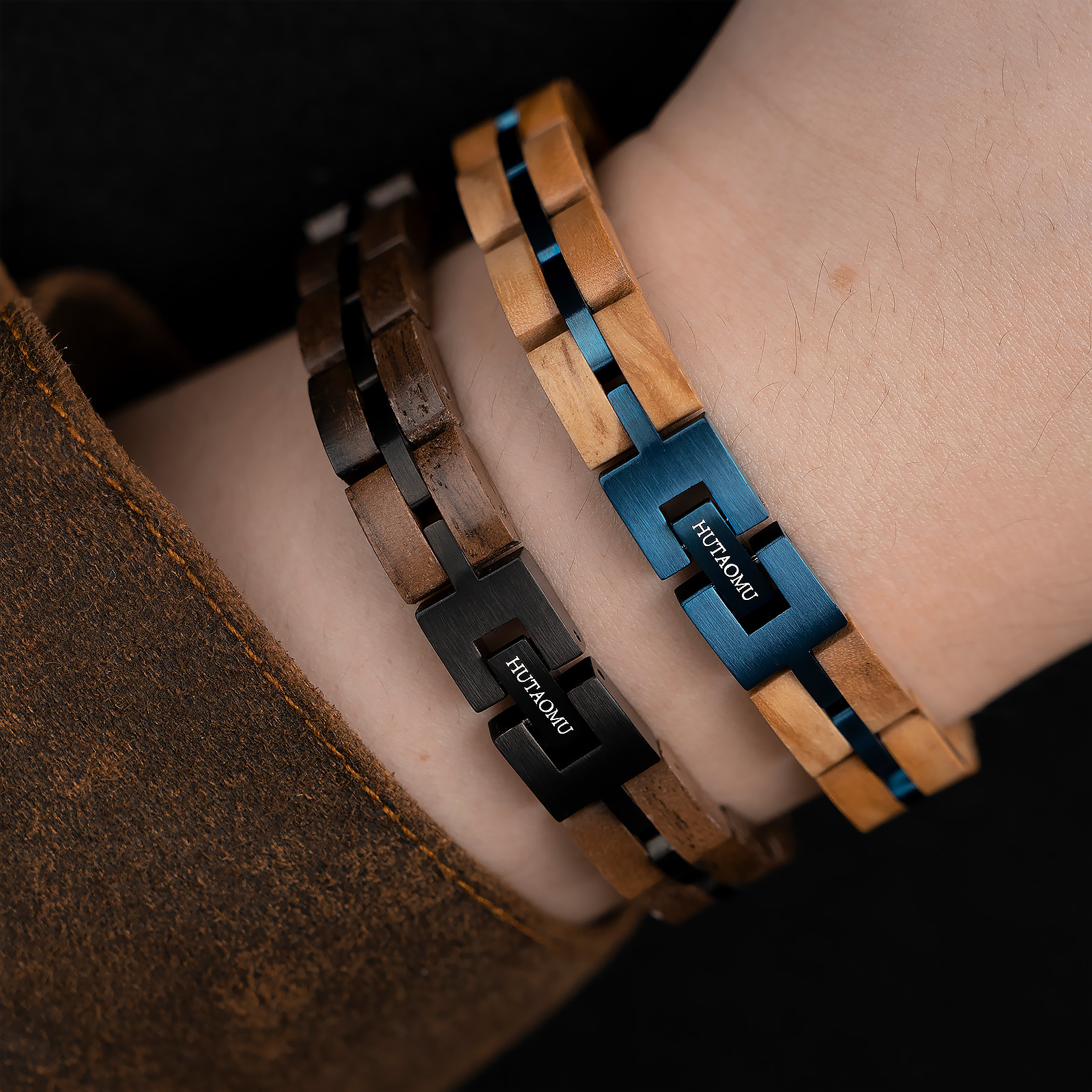 Dropshipping Jewelry Adjustable Wood Bracelet Black Blue Plated Stainless Steel Custom Bracelet For Men And Women 