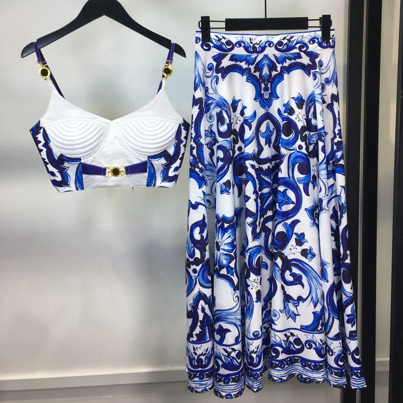 American Women's Summer New Blue And White Pottery Printed Suspender Top Two-piece Skirt Casual Large Sexy Suit
