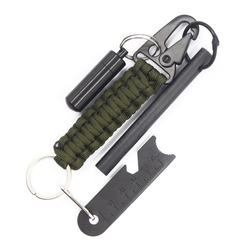 Edc Outdoor Survival Paracord Keychain Kit With Fire Starter Rod Waterproof Capsule Tinder 