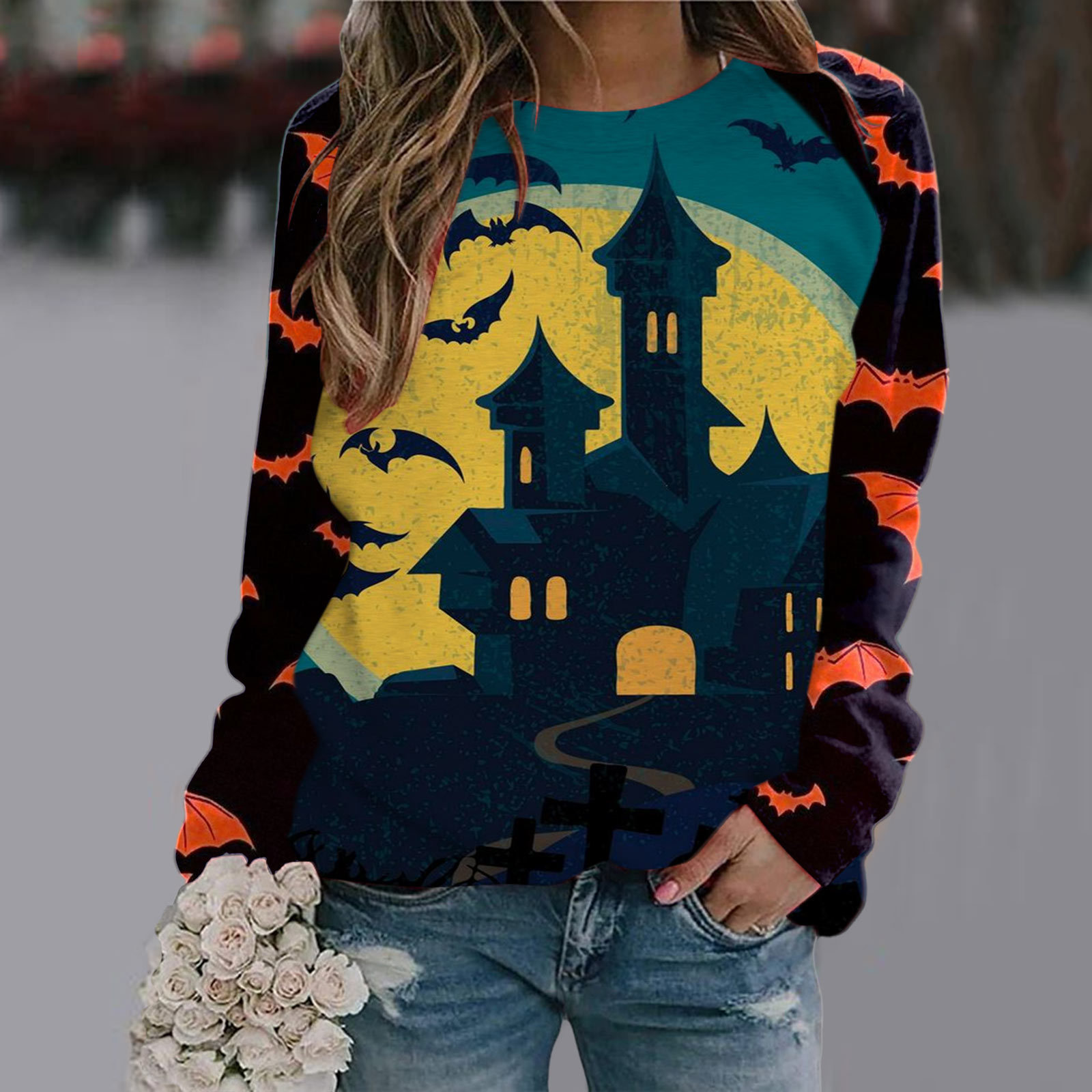 Halloween T Shirt Women Fashion T-shirt Long Sleeve Tops Tees Halloween Tshirt Women's Clothing Horror Tshirt Pumpkin
