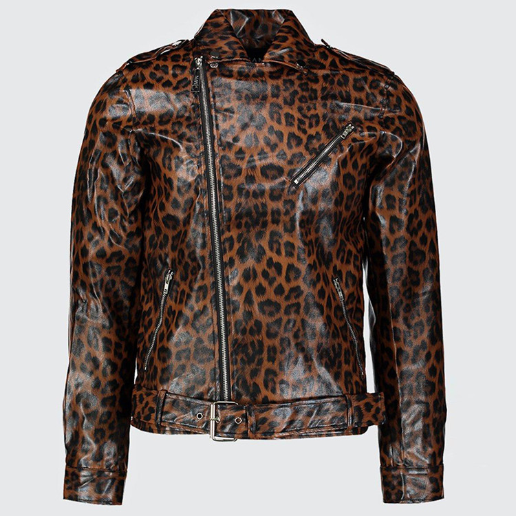2021 New Men's Fashion Leopard Print Artificial Leather Motorcycle Jacket Men's Casual Leopard Print Pu Jacket 