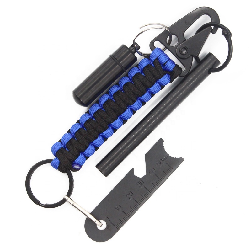 Edc Outdoor Survival Paracord Keychain Kit With Fire Starter Rod Waterproof Capsule Tinder 