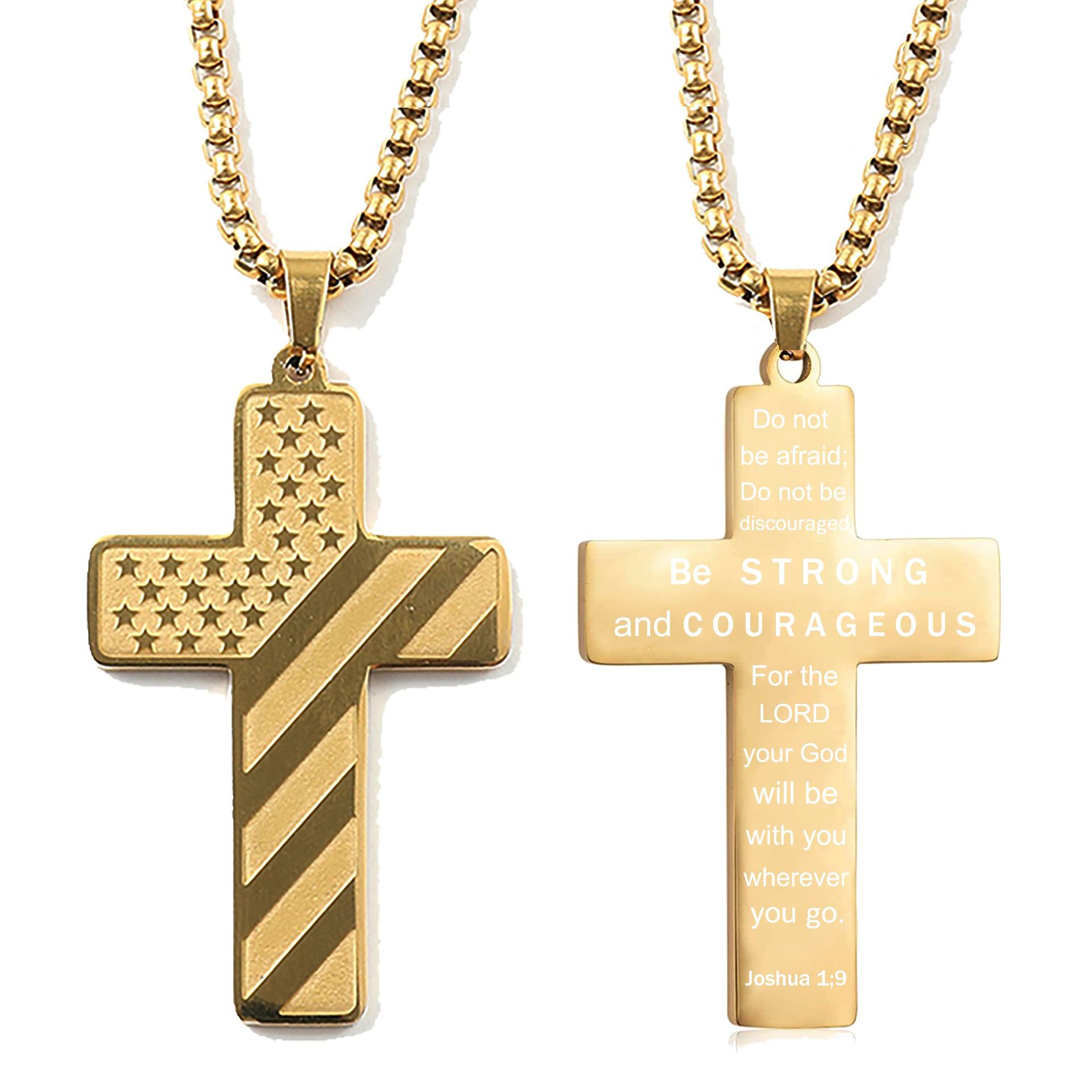 Fashion Jewelry Cross Necklace Bible Verse Stainless Steel American Flag Pendant Chain For Boys Men 