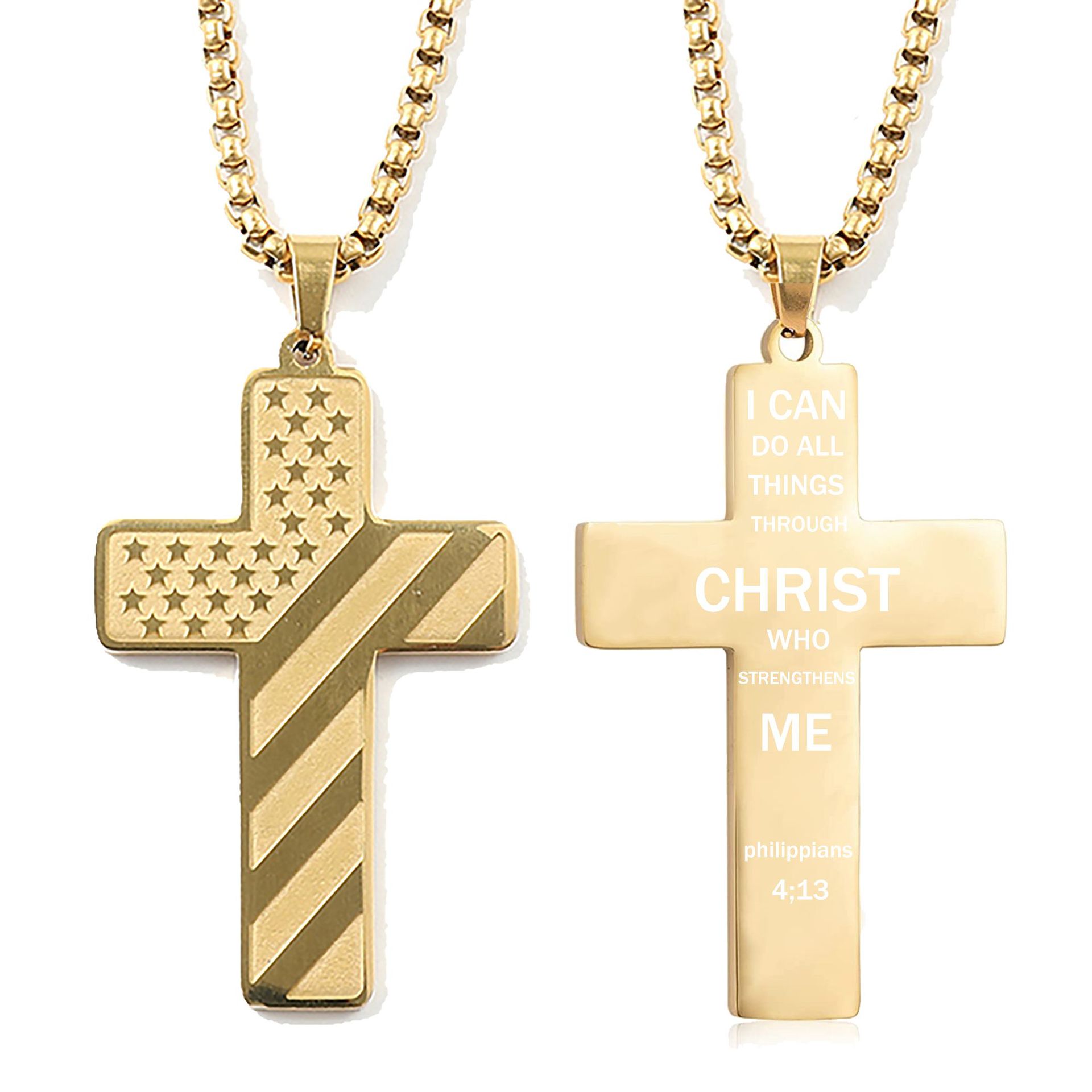 Fashion Jewelry Cross Necklace Bible Verse Stainless Steel American Flag Pendant Chain For Boys Men 