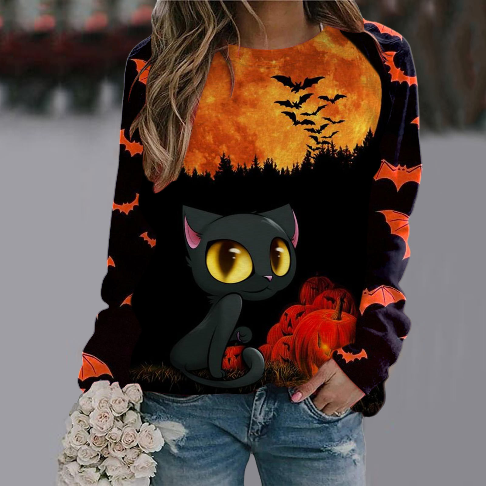 Halloween T Shirt Women Fashion T-shirt Long Sleeve Tops Tees Halloween Tshirt Women's Clothing Horror Tshirt Pumpkin