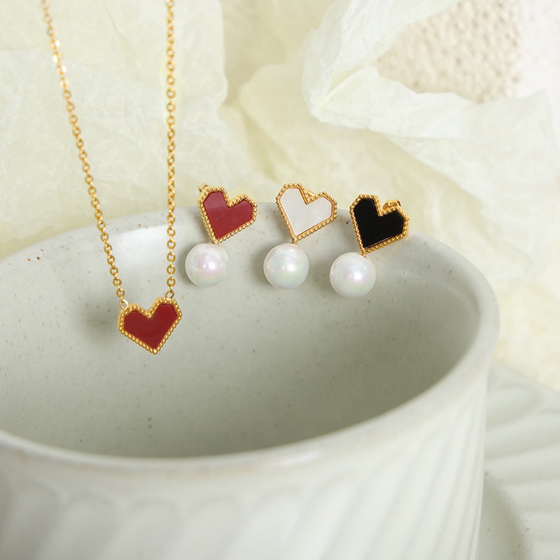 Hot Sale Gold Plated Stainless Steel Colorful Glass Heart Pendant Necklace Bracelet Earring Set Pearl Jewelry Set For Women 