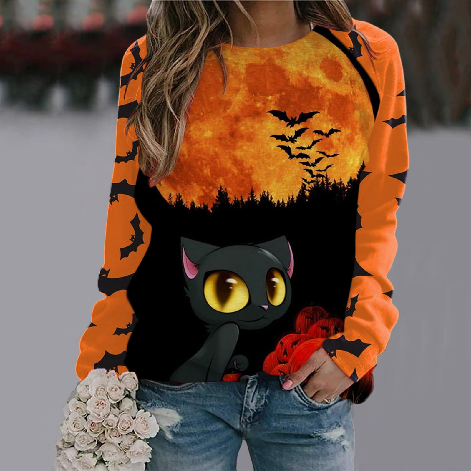 Halloween T Shirt Women Fashion T-shirt Long Sleeve Tops Tees Halloween Tshirt Women's Clothing Horror Tshirt Pumpkin