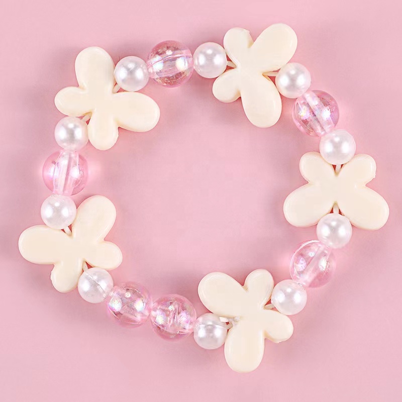 Factory Wholesale Fashion Cute Children's Jewelry Princess Pearl Beads Bracelet With Flowers 15cm Pink Baby Girl Bracelet 