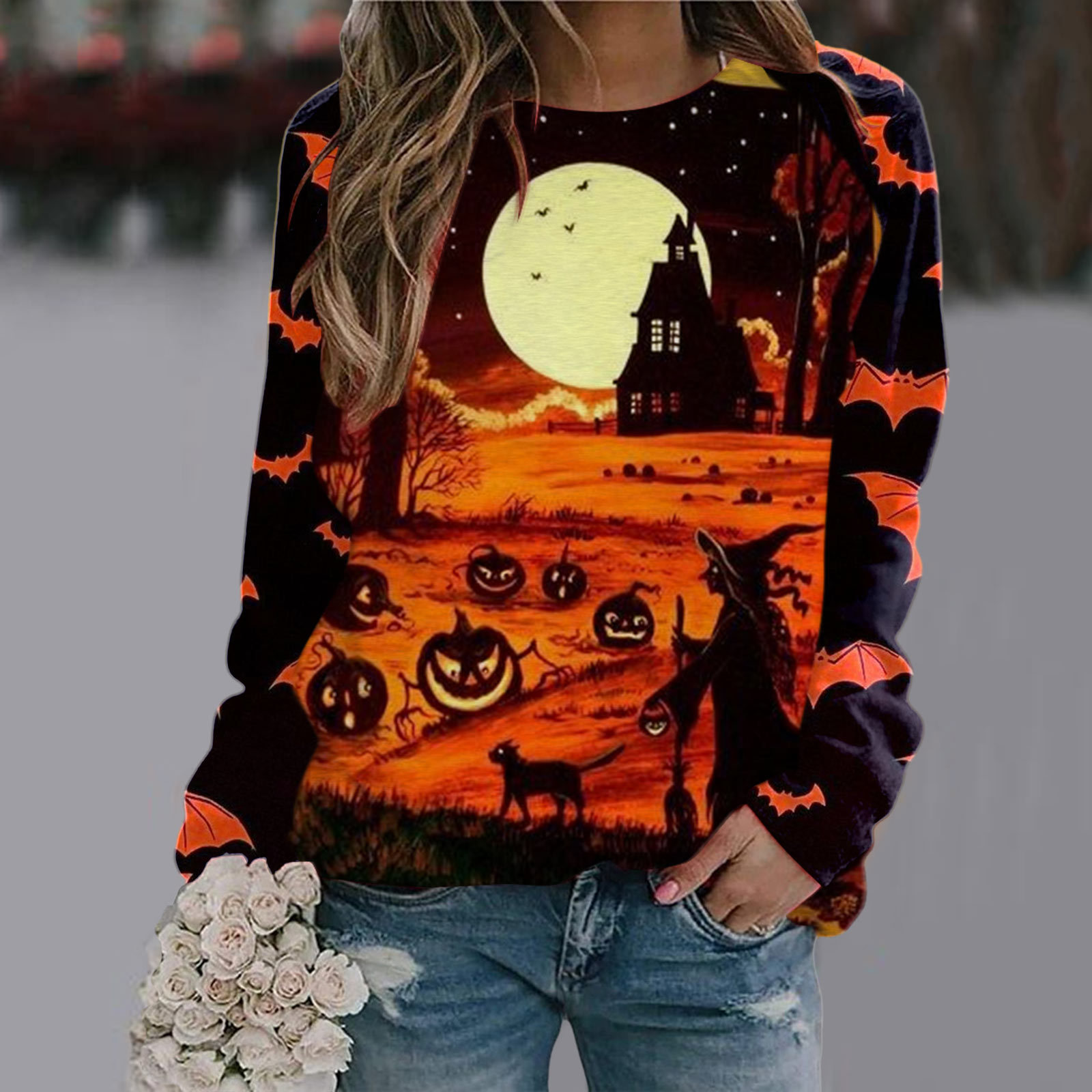 Halloween T Shirt Women Fashion T-shirt Long Sleeve Tops Tees Halloween Tshirt Women's Clothing Horror Tshirt Pumpkin