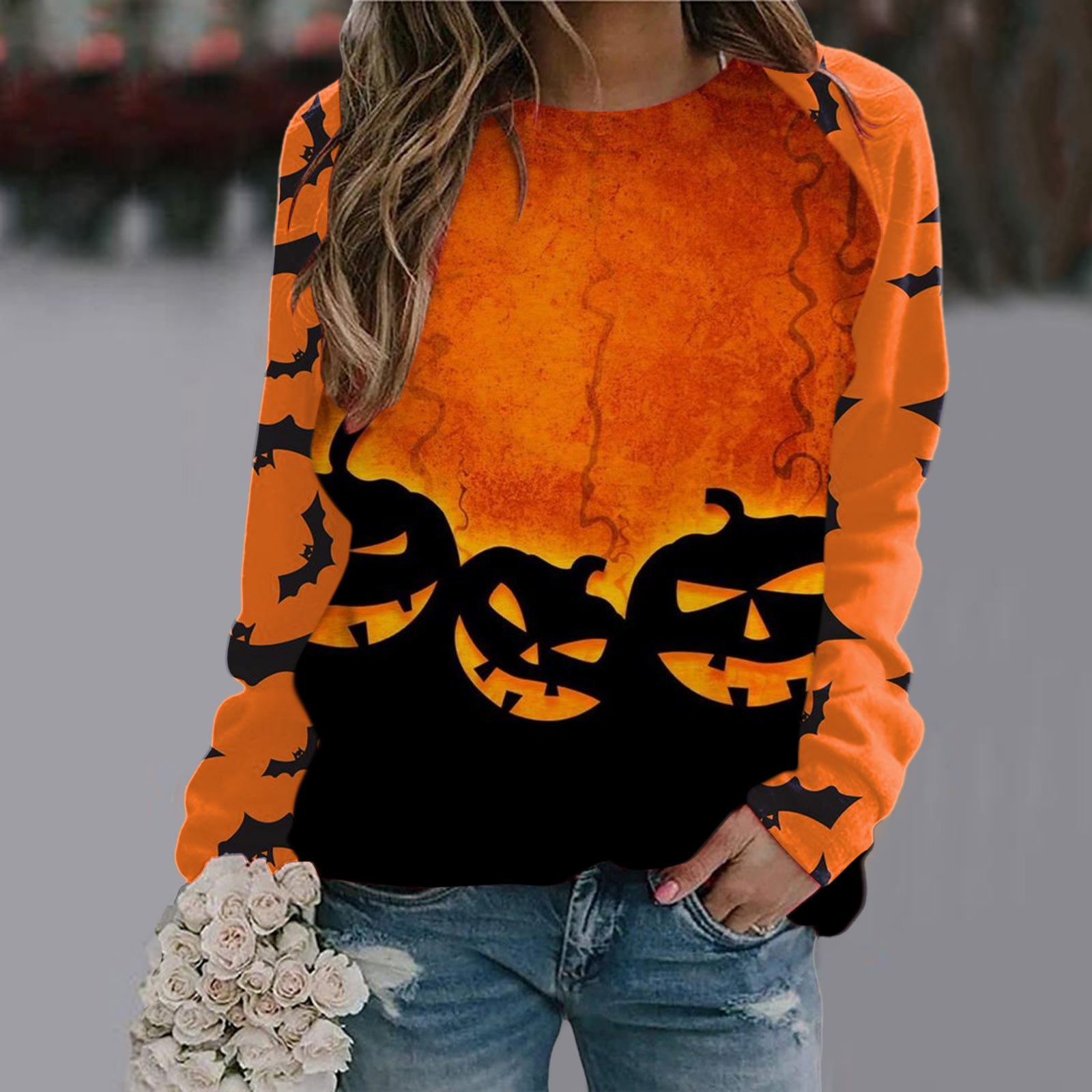 Halloween T Shirt Women Fashion T-shirt Long Sleeve Tops Tees Halloween Tshirt Women's Clothing Horror Tshirt Pumpkin