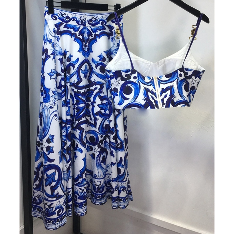 American Women's Summer New Blue And White Pottery Printed Suspender Top Two-piece Skirt Casual Large Sexy Suit