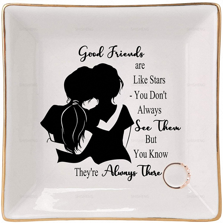 Shi Sheng Factory Direct Trinket Dish Square Ceramic Ring Dish With Golden Trim Jewelry Dish Gifts For Mother's Day 