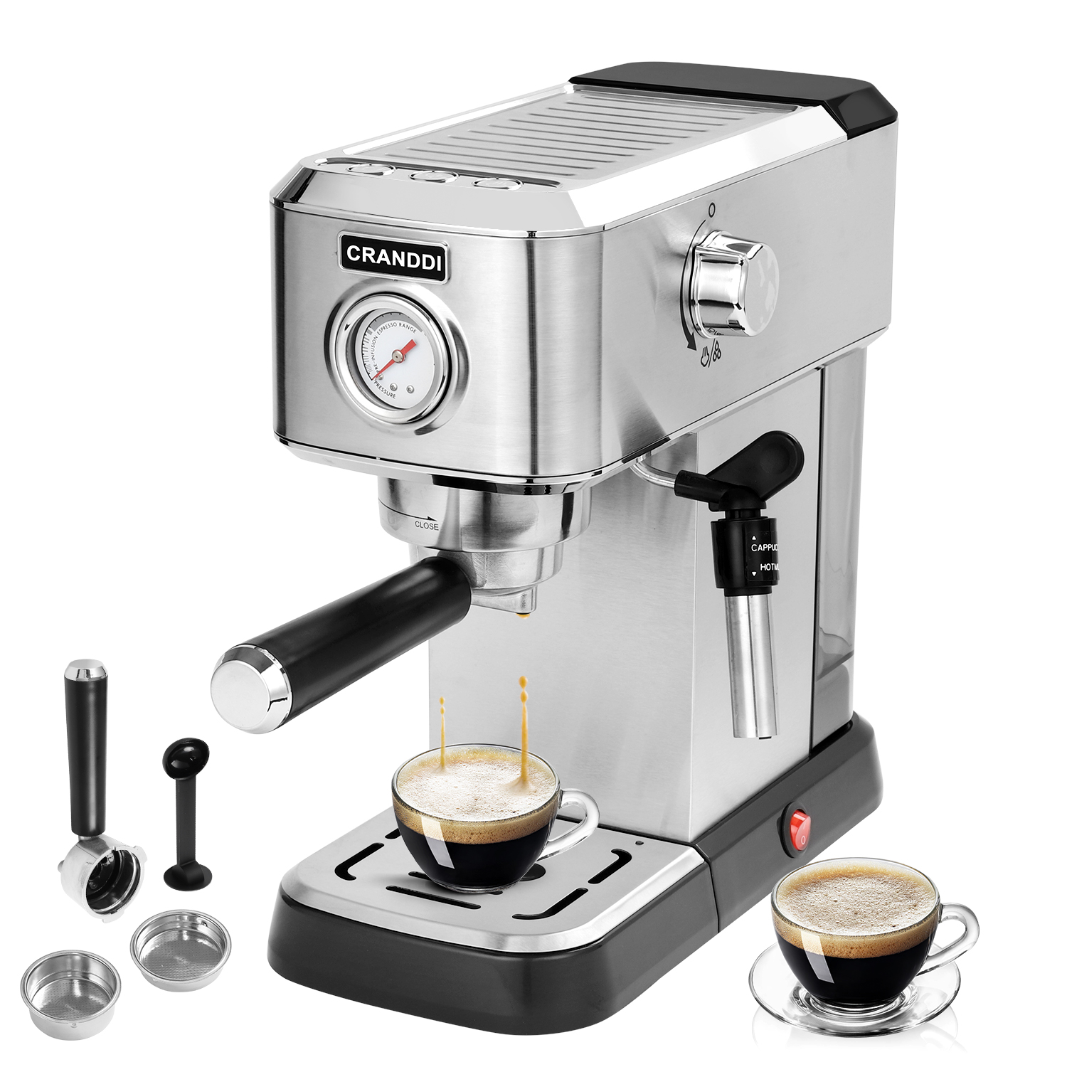 Cranddi Coffee Machine Espresso With Pressure Meter Home Business Stainless Steel Machine 