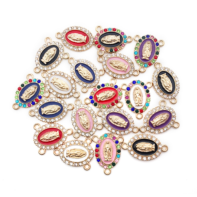 Inlay Rhinestones Our Lady Link Miraculous Medal Charms Alloy Enamel Virgin Mary Charms For Diy Necklace Earrings Jewelry Making 