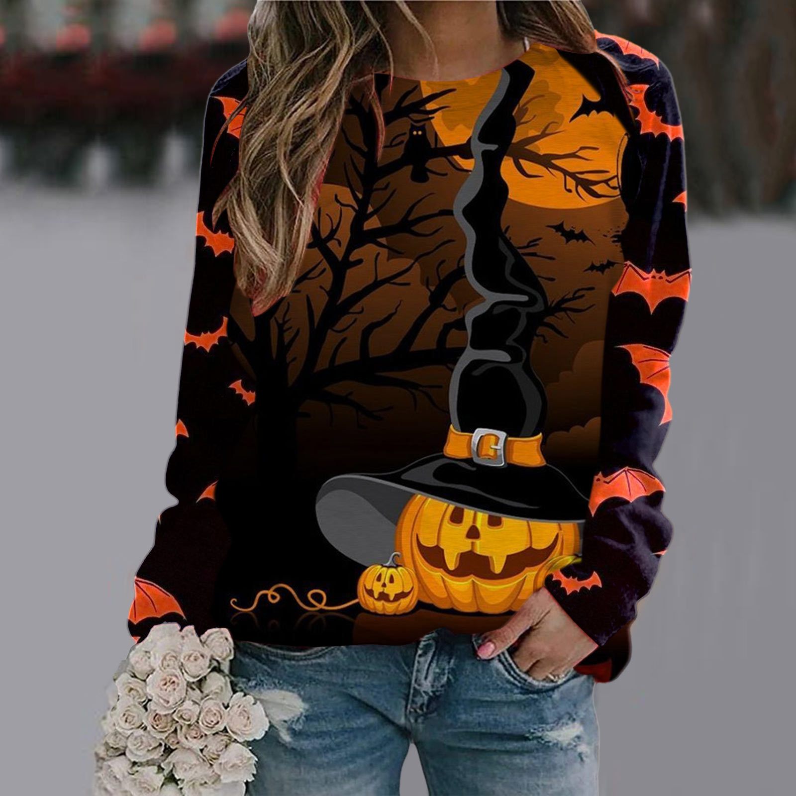 Halloween T Shirt Women Fashion T-shirt Long Sleeve Tops Tees Halloween Tshirt Women's Clothing Horror Tshirt Pumpkin
