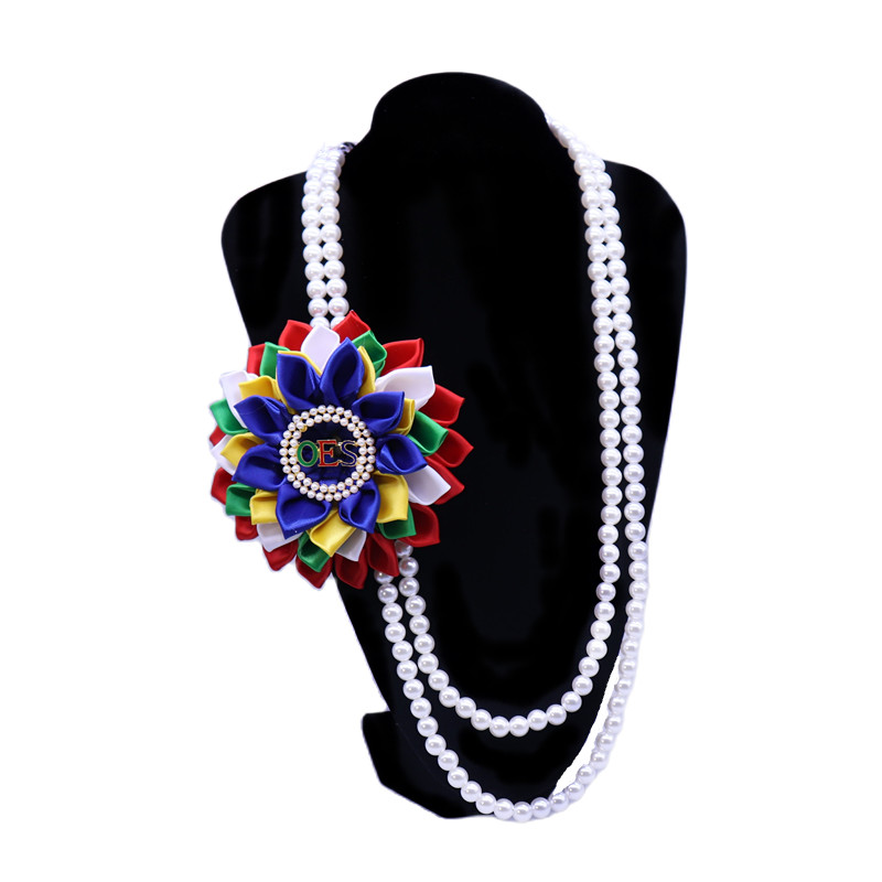 Women Service Organization Crafts Flower Pearl Jewelry Colorful Satin Petals And Enameled Letter Oes Sorority Necklace 