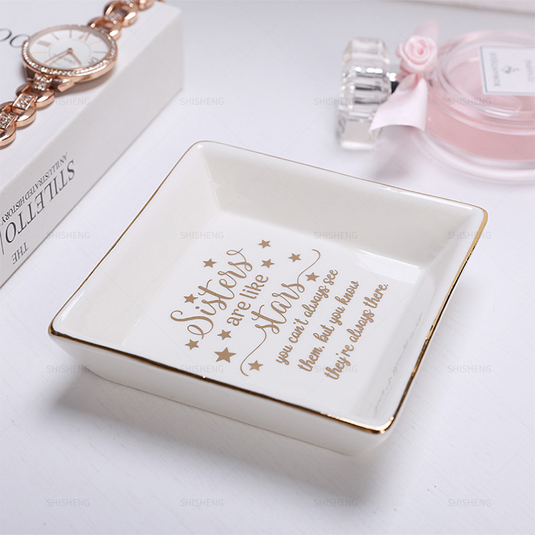 Shi Sheng Factory Direct Trinket Dish Square Ceramic Ring Dish With Golden Trim Jewelry Dish Gifts For Mother's Day 