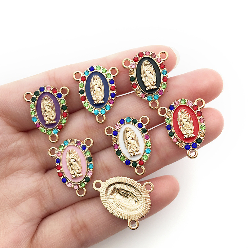 Inlay Rhinestones Our Lady Link Miraculous Medal Charms Alloy Enamel Virgin Mary Charms For Diy Necklace Earrings Jewelry Making 