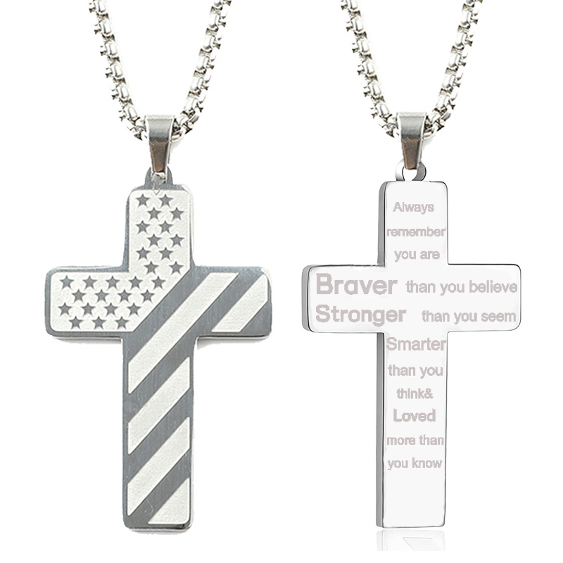 Fashion Jewelry Cross Necklace Bible Verse Stainless Steel American Flag Pendant Chain For Boys Men 