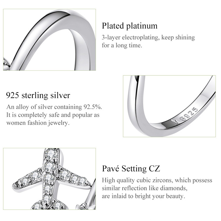 Fashion Jewelry Rings 925 Sterling Silver Rings Adjustable Open Rings Airplane Plane With Cubic Zircons 