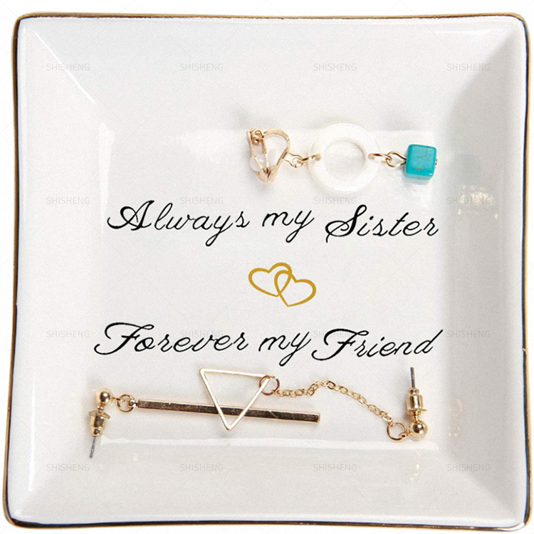 Shi Sheng Factory Direct Trinket Dish Square Ceramic Ring Dish With Golden Trim Jewelry Dish Gifts For Mother's Day 
